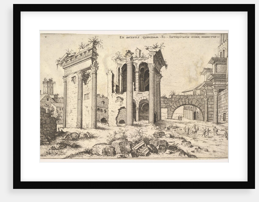 View of unidentified ruins with trabeated facade at left, arcades at center, and arch at r…, 1551 by Hieronymus Cock