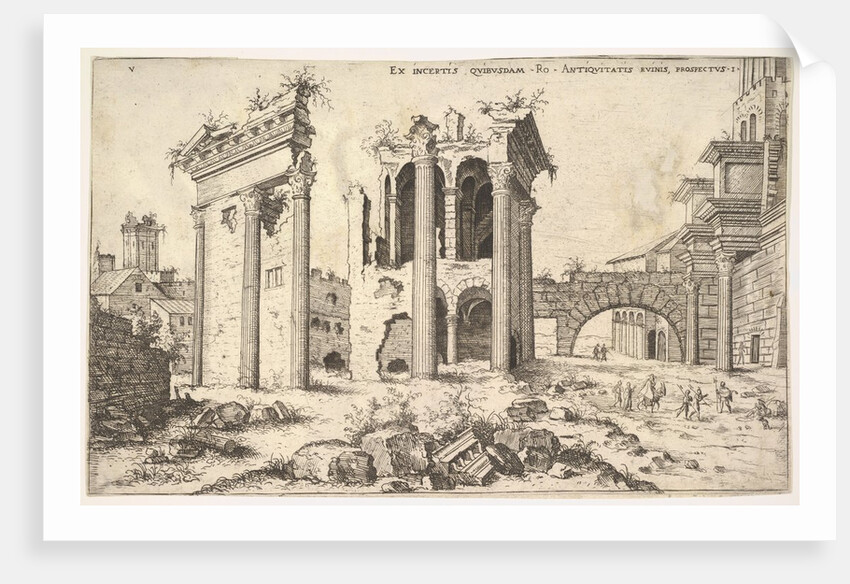 View of unidentified ruins with trabeated facade at left, arcades at center, and arch at r…, 1551 by Hieronymus Cock
