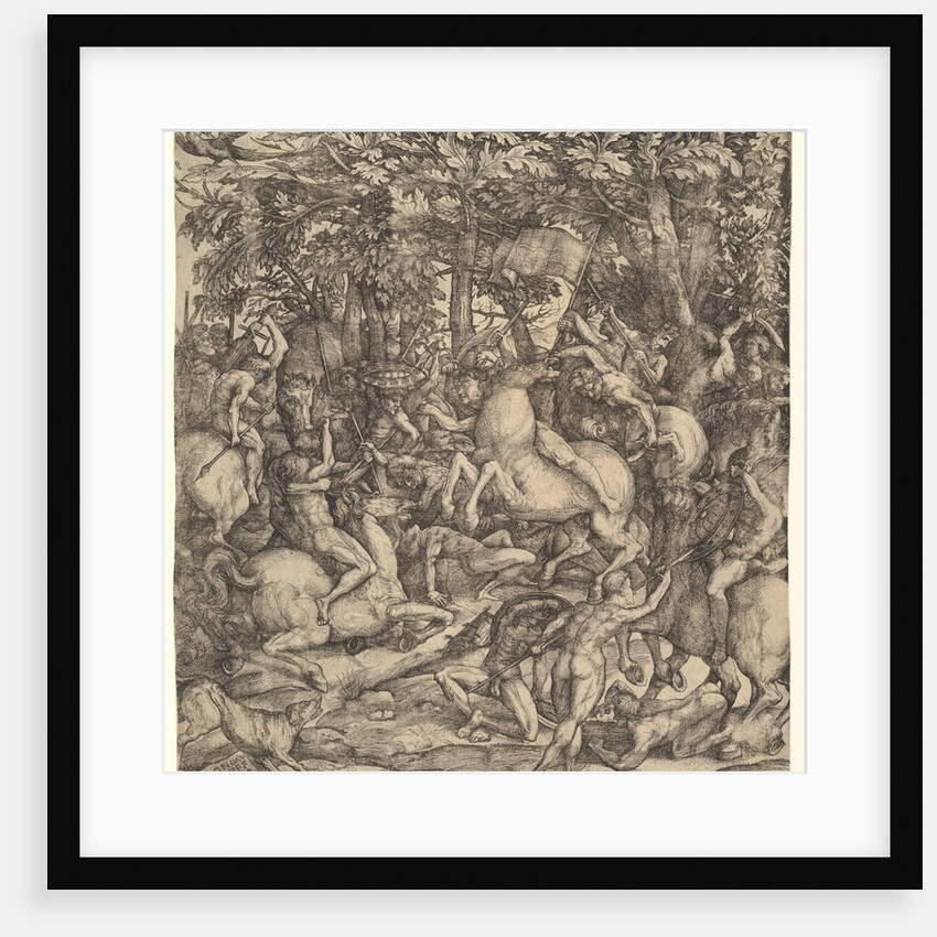 Battle between cavalry and infantry in a wood, 16th century by Hieronymus Hopfer
