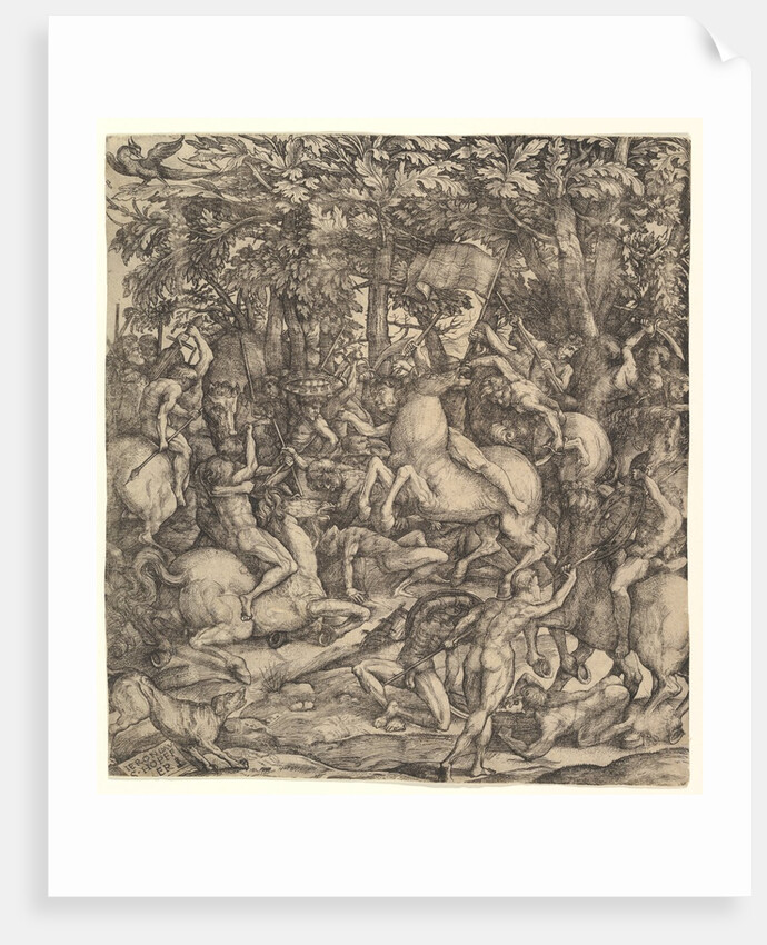 Battle between cavalry and infantry in a wood, 16th century by Hieronymus Hopfer