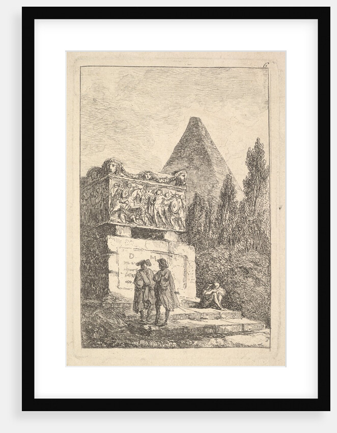 Plate 6: The Sarcophagus: two men conversing to left, another man seated and sleepi…, ca. 1763-64 by Hubert Robert
