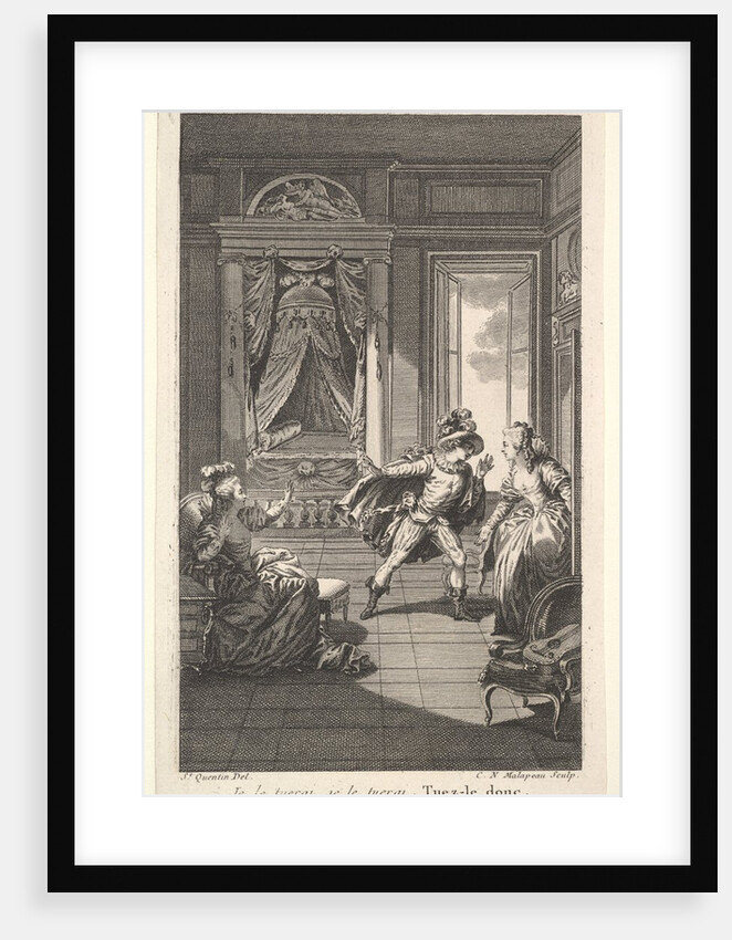 A man leans toward a woman standing in a doorway at right, at left a seated woman rais…, ca. 1784 by Claude Nicolas Malapeau
