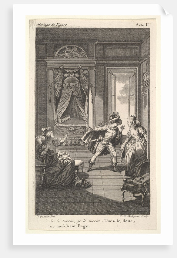 A man leans toward a woman standing in a doorway at right, at left a seated woman rais…, ca. 1784 by Claude Nicolas Malapeau