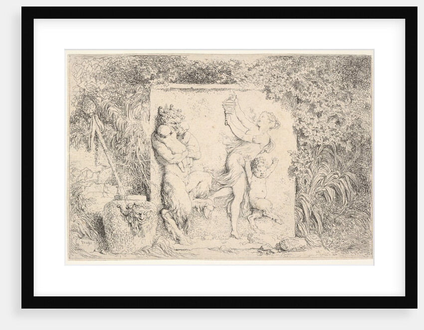A bas-relief depicting a satyr at left holding two infants, another child satyr to right…, 1763 by Jean-Honore Fragonard