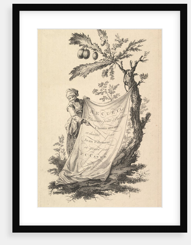 Title page: a smiling man holds a corner of a cloth tied to a fig tree and points with a s…, 1759 by Pierre-Charles Canot