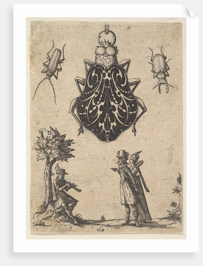 Pendant Shaped like a Beetle with a Couple and a Young Man Playing an Instrument, 1619 by Jean Toutin
