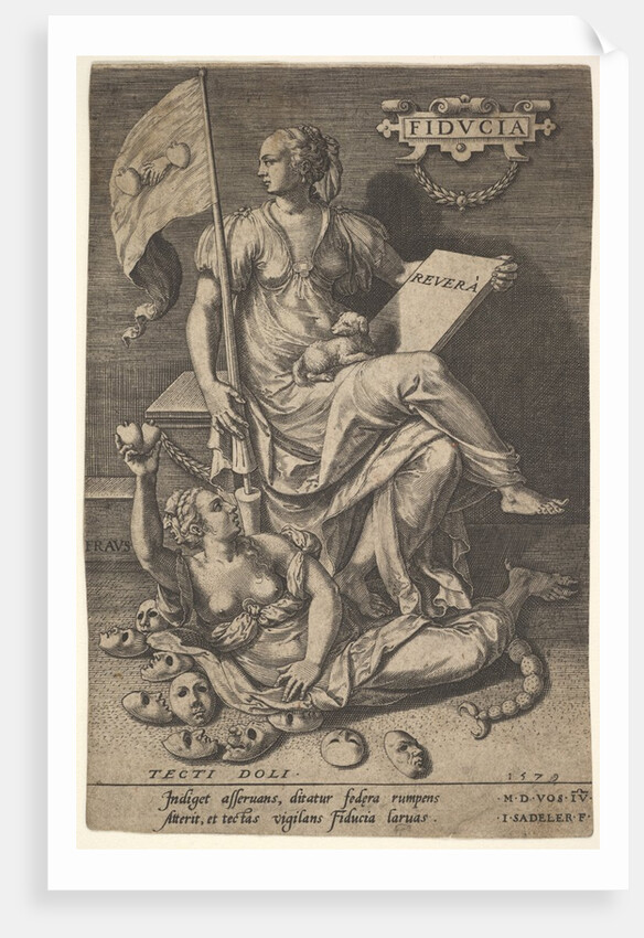 Fiducia, a seated woman holds a book and banner while turning her head away from a bare-br…, 1579 by Johann Sadeler I