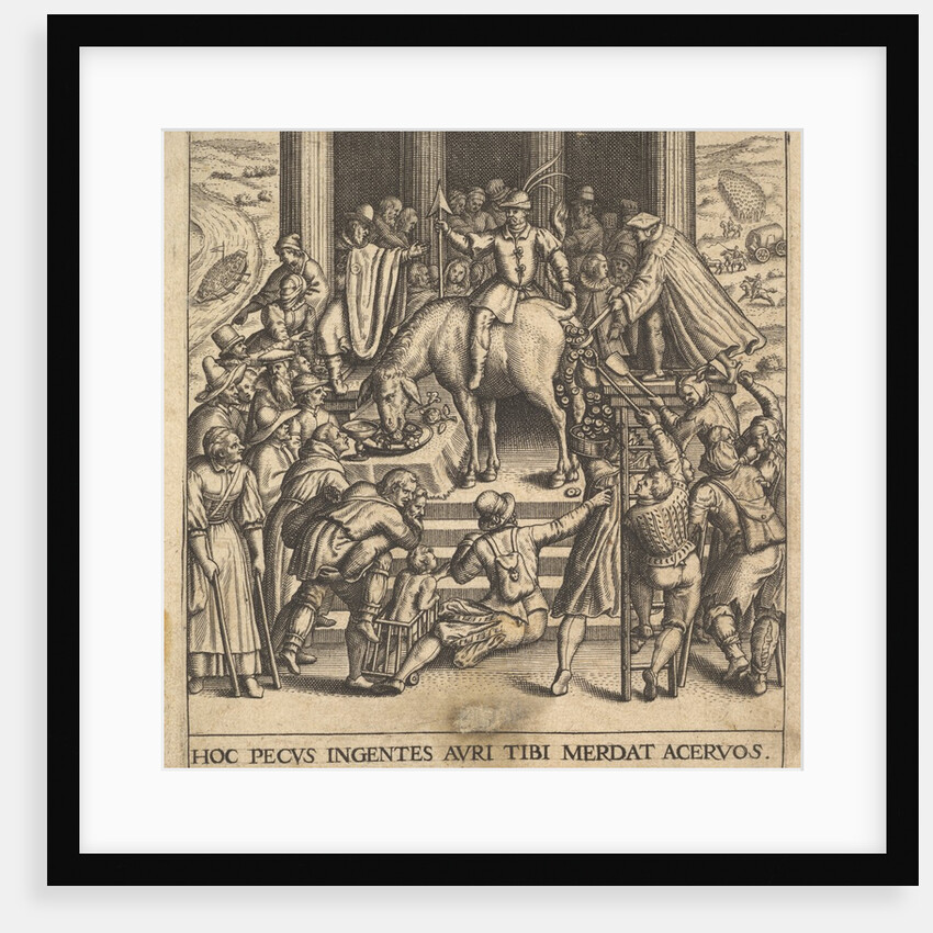 Men collecting dung dropping from the hindquarters of a mule, with a rider sitting ba…, 1592-1614 by Johann Theodor de Bry