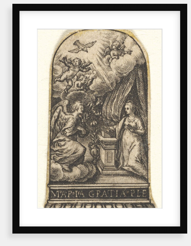 Annunciation, Mary kneels at a lectern as Gabriel approaches on a cloud from the …, ca. 1580-1600 by Johann Theodor de Bry