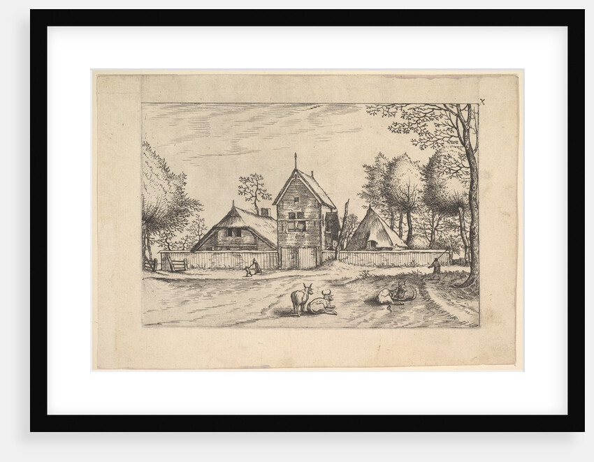 Farmstead, cows and herdsman in the foreground from Praediorum villarum et rusticar…, ca. 1559-61 by Johannes van Doetecum I