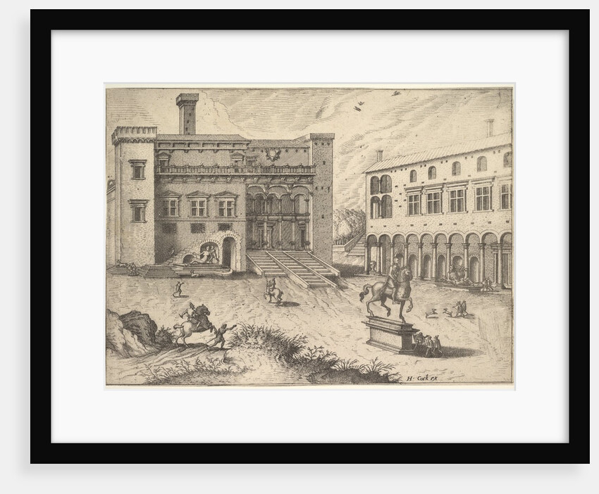 View of the Campidoglio on the Capitoline Hill, with equestrian statue at lower right, fro…, 1562 by Johannes van Doetecum I