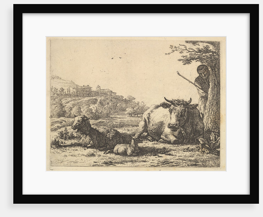 Cow, adult sheep, and young sheep lying in the grass; beyond, a shepherd stands partially …, 1656 by Karel Du Jardin