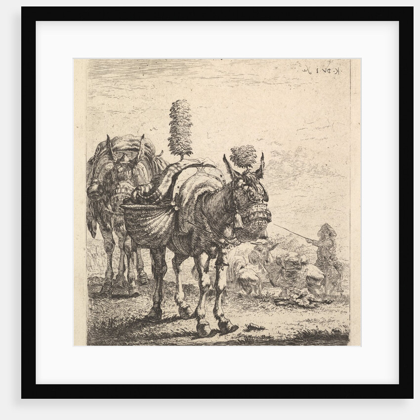 Two mules bearing panniers and outfitted with blinders, plumes, and tassels; one mu…, ca. 1641-78 by Karel Du Jardin