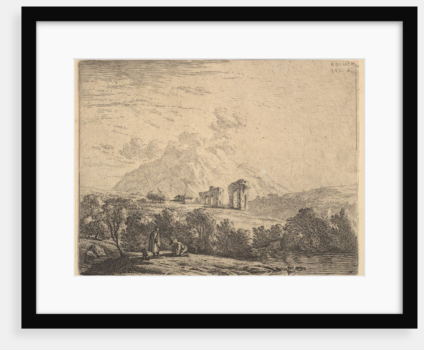 View of hillside with ruins and mountain crag beyond, in the foreground a m…, 1658 by Karel Du Jardin