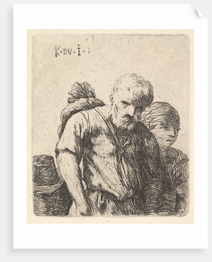 Bearded man shown in half-length with bundle slung over right shoulderblade, flanke…, ca. 1641-78 by Karel Du Jardin