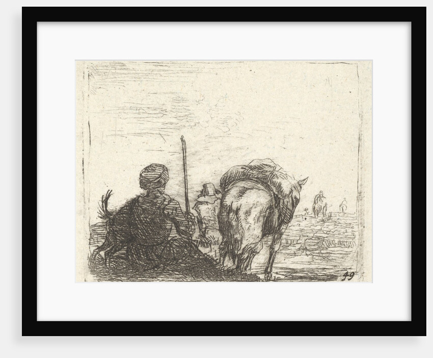 Pack-horse, seated man with staff in right hand, and dog, all viewed from the rear…, ca. 1641-78 by Karel Du Jardin