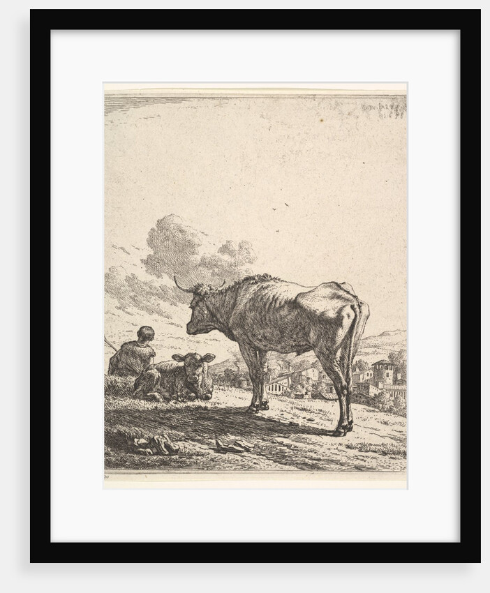 Cowherd with cow and calf on a hillside, the cowherd viewed from behind and seated in the …, 1658 by Karel Du Jardin