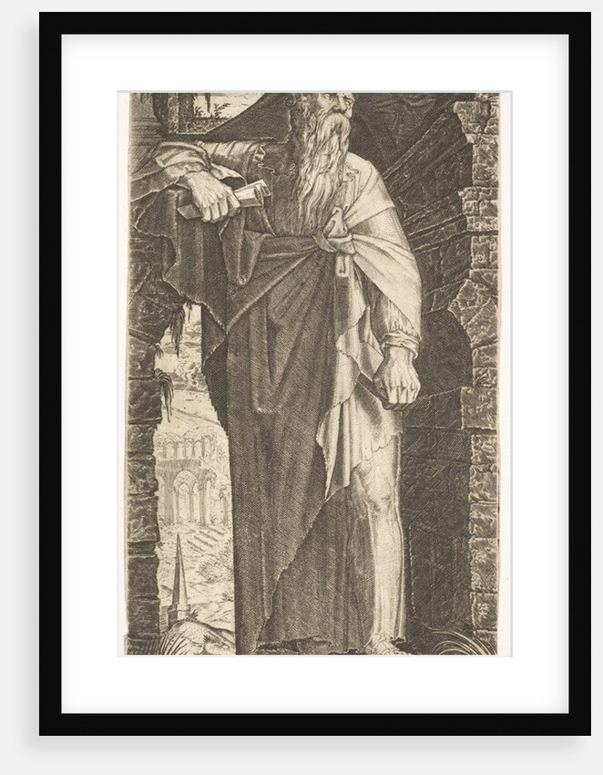 St. Paul standing under an overgrown arch, his left foot poised upon a rock, his right han…, 1545 by Lambert Suavius