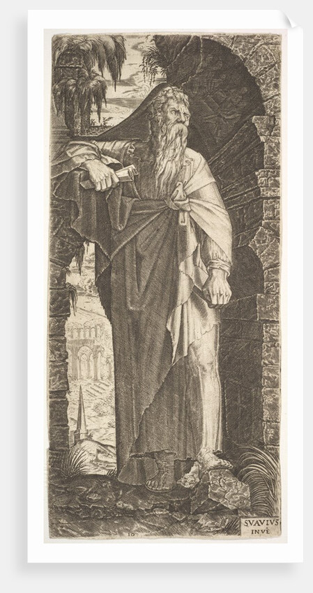 St. Paul standing under an overgrown arch, his left foot poised upon a rock, his right han…, 1545 by Lambert Suavius