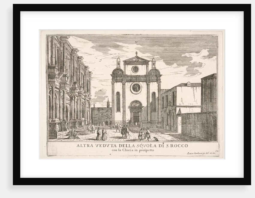 Plate 38: View of the facade of the church of St. Roch and at left the facade of the Schoo…, 1703 by Luca Carlevarijs