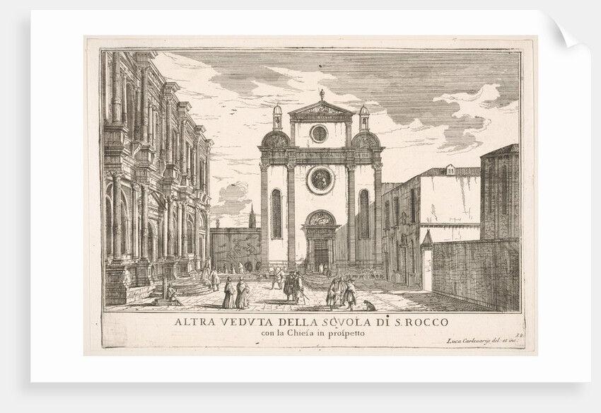 Plate 38: View of the facade of the church of St. Roch and at left the facade of the Schoo…, 1703 by Luca Carlevarijs
