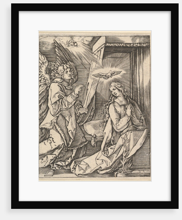 The Annunciation; on the left the archangel Gabriel approaches the praying Virgin…, ca. 1500-1534 by Marcantonio Raimondi
