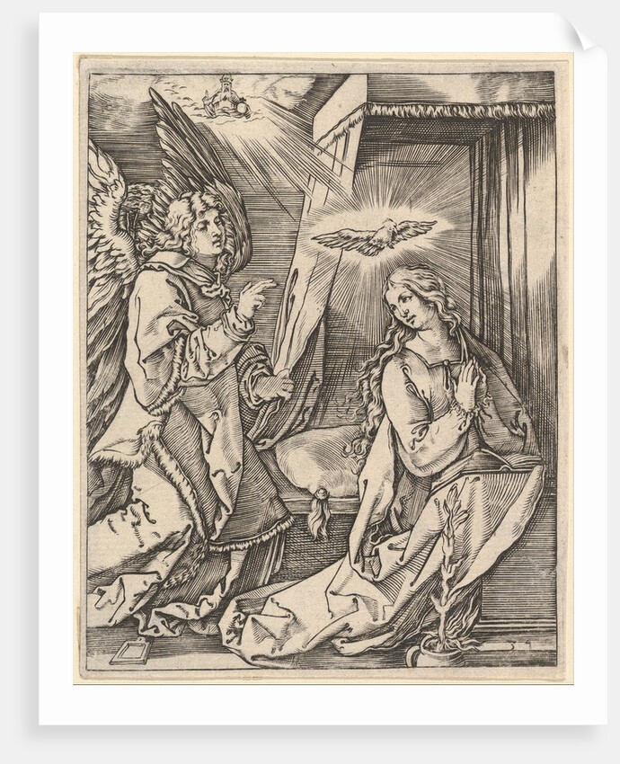 The Annunciation; on the left the archangel Gabriel approaches the praying Virgin…, ca. 1500-1534 by Marcantonio Raimondi