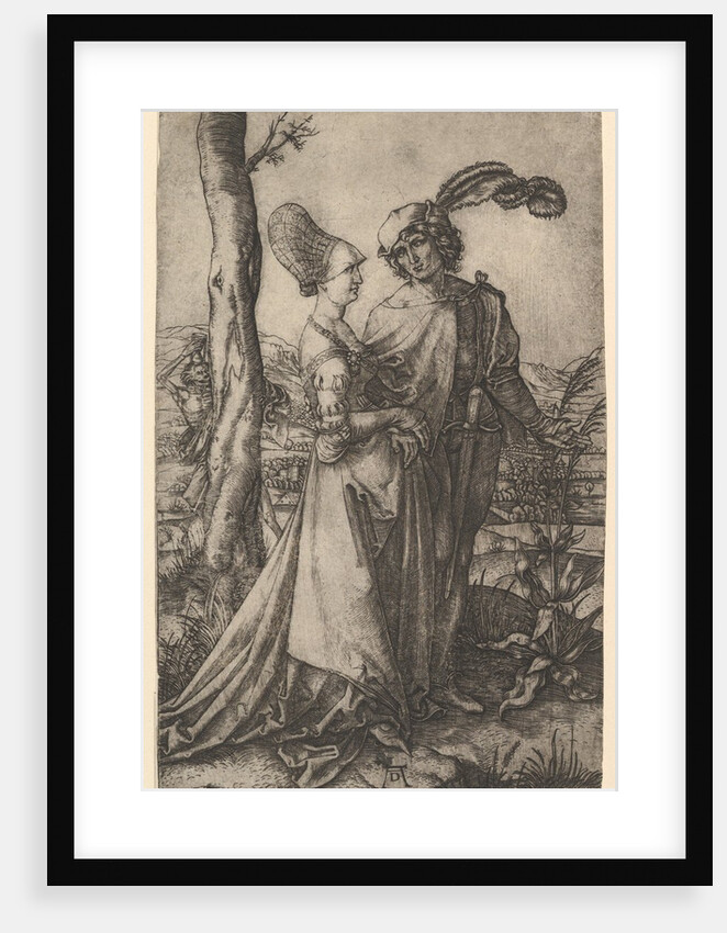 Lord and lady walking with figure of death hiding behind a tree, holding an hourg…, ca. 1500-1534 by Marcantonio Raimondi