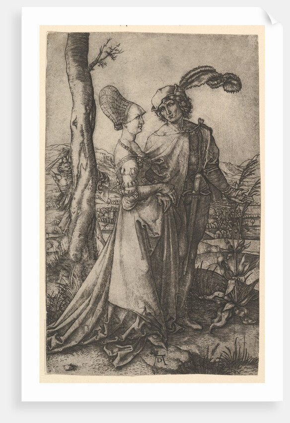 Lord and lady walking with figure of death hiding behind a tree, holding an hourg…, ca. 1500-1534 by Marcantonio Raimondi