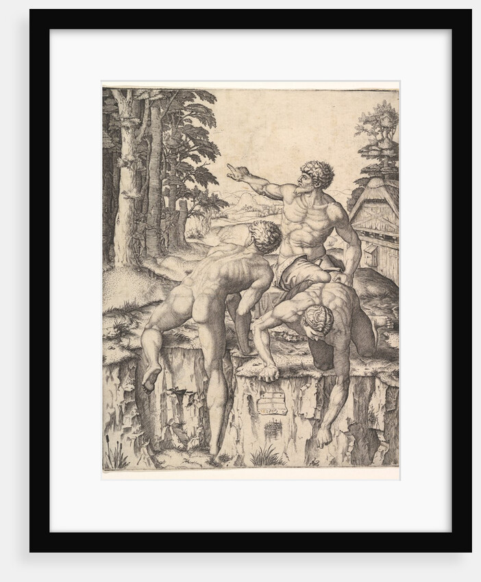 The Climbers: three naked men, one seen from behind climbing onto a river-bank, soldiers e…, 1510 by Marcantonio Raimondi