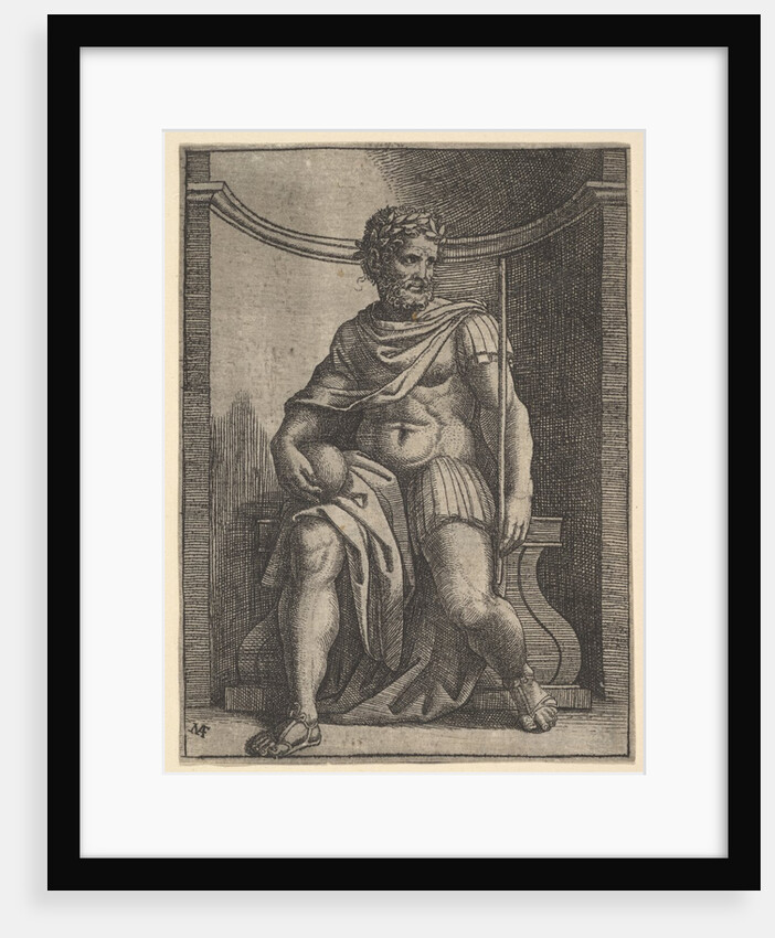 A Roman emperor sitting in a niche holding a globe and sceptre and looking to his…, ca. 1500-1534 by Marcantonio Raimondi