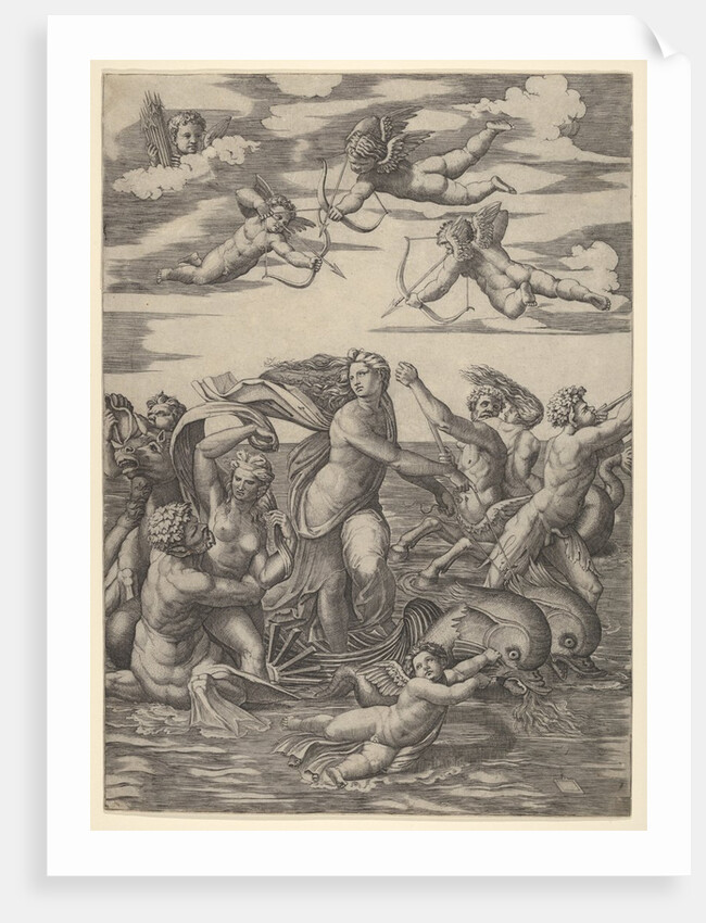 Galatea standing in a water-chariot pulled by two dolphins, surrounded by tritons, nere…, 1515-16 by Marcantonio Raimondi