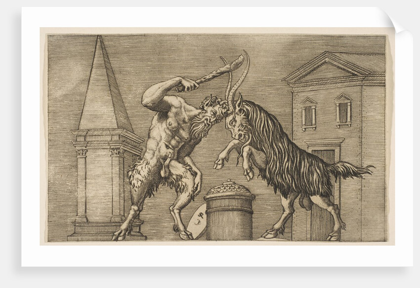 A satyr and a ram attacking each other, the satyr wielding a club with his right ha…, ca. 1515-27 by Marco Dente