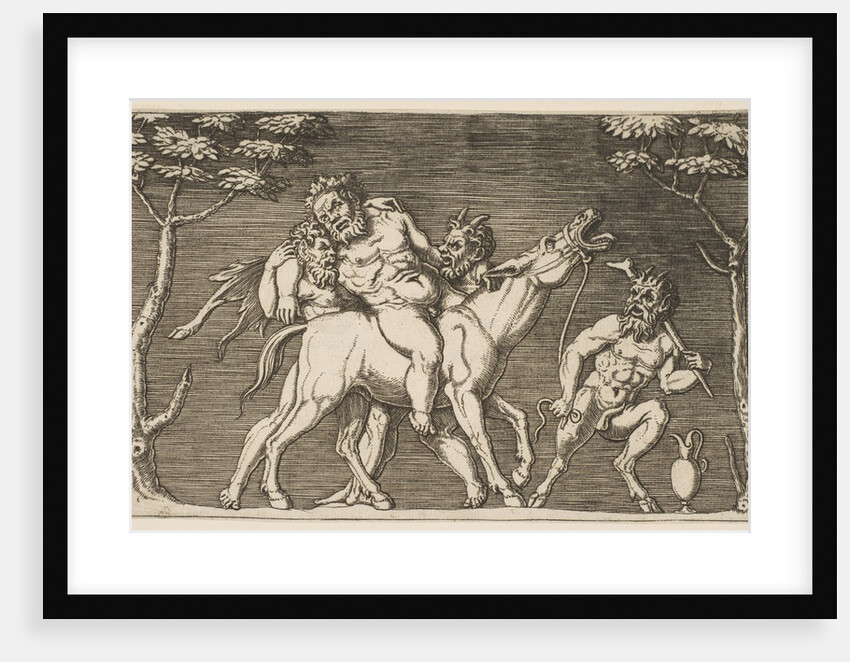 Two satyrs placing Silenus on a braying mule and a third satyr at right, ca. 1515-27 by Marco Dente (attributed to)