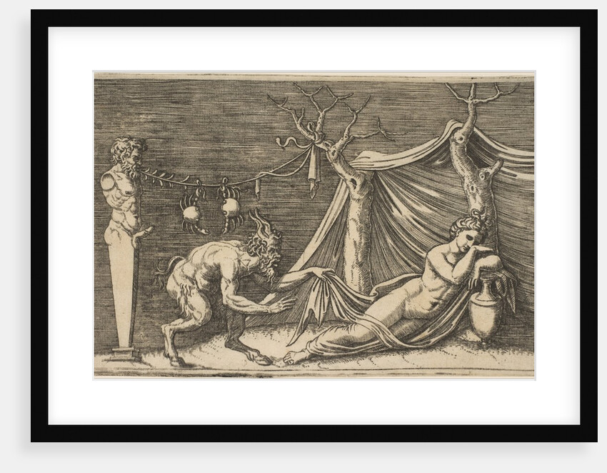 A satyr discovering a sleeping woman; two crabs hanging from a rope which is strung…, ca. 1515-27 by Marco Dente