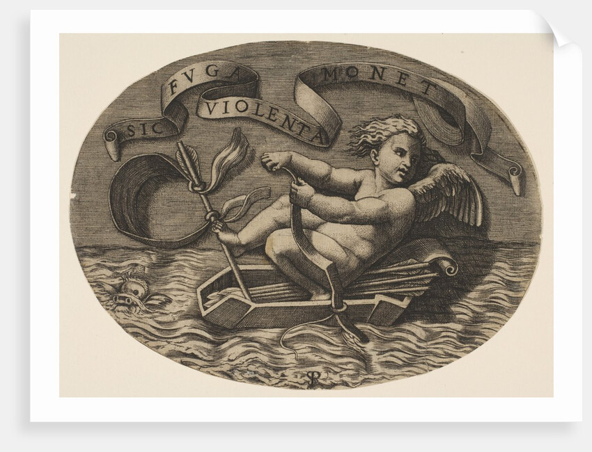 Eros escaping by sea using his bow to propel a boat made from his quiver with an ar…, ca. 1515-27 by Marco Dente