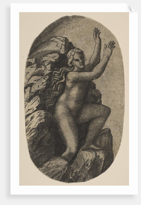 Eurydice naked standing on a rock, her arms raised to the right, ca. 1515-27 by Marco Dente
