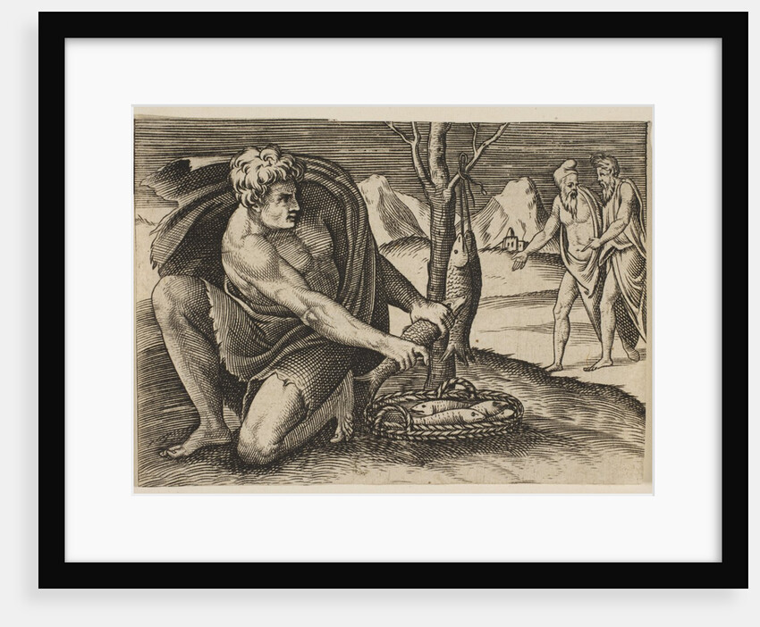 A man kneeling next to a basket of fish and taking one with both hands, two men at …, ca. 1515-27 by Marco Dente