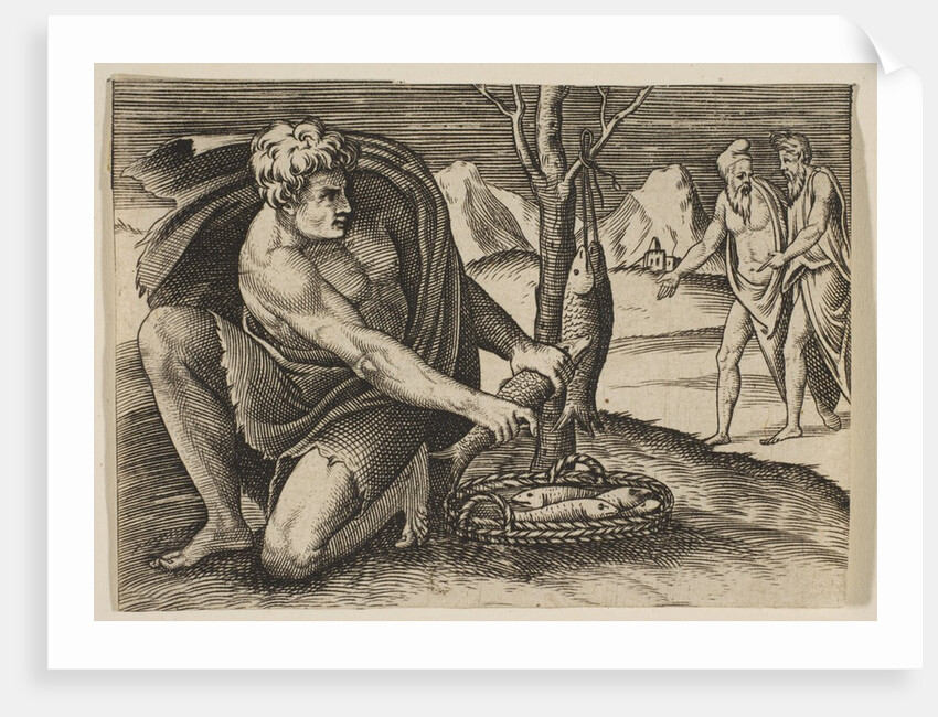 A man kneeling next to a basket of fish and taking one with both hands, two men at …, ca. 1515-27 by Marco Dente