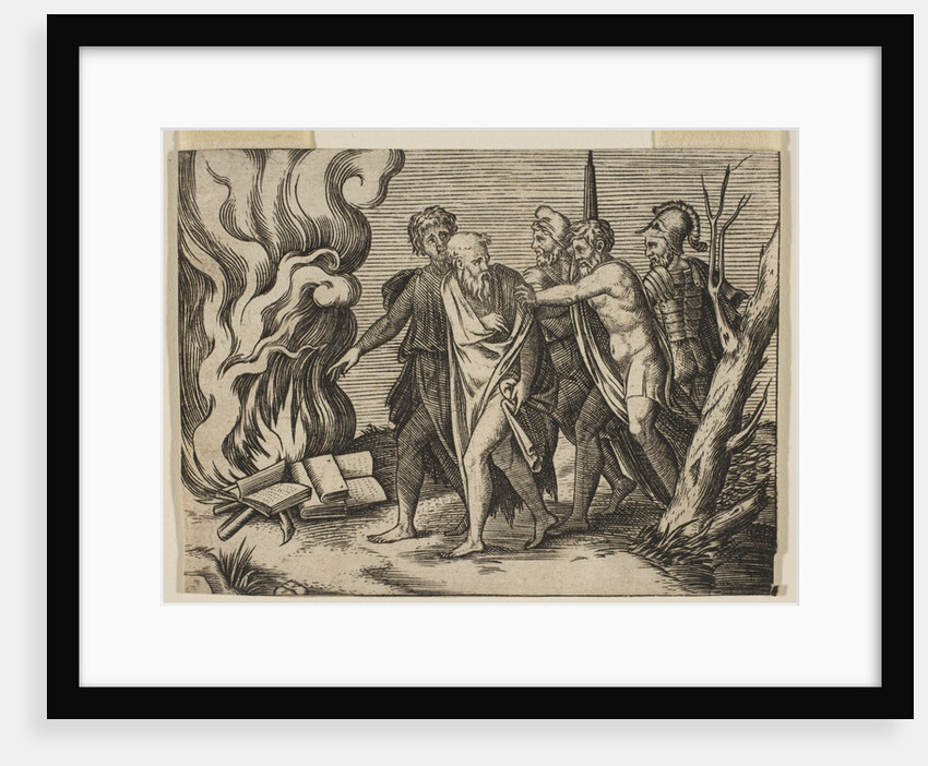 A group of men at right pushing philosophers toward a fire with burning books at th…, ca. 1515-27 by Marco Dente (attributed to)