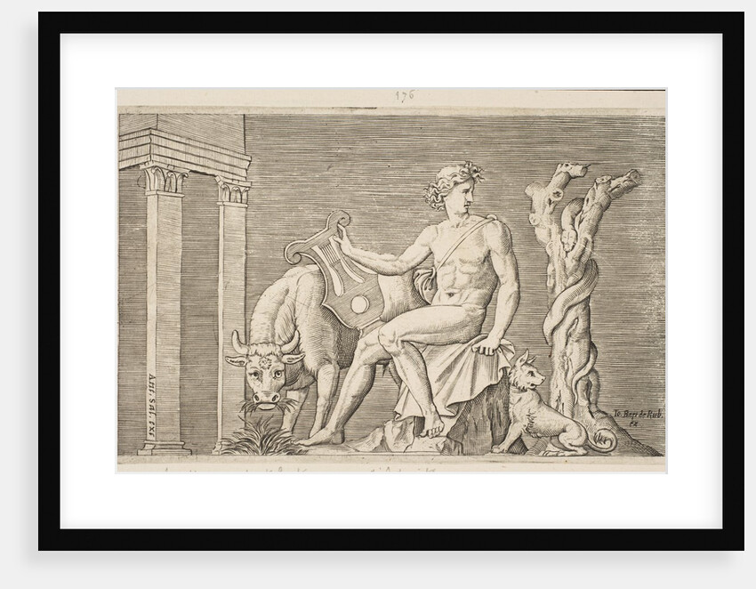 Apollo tending the flocks of Admetus, Apollo seated holding a lyre and flanked by a…, ca. 1515-27 by Marco Dente