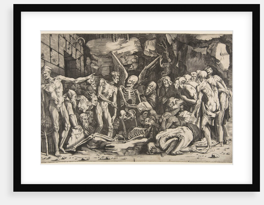 The Skeletons, a group of emaciated men and women gathered around a skeleton laid on th…, 1515-27 by Marco Dente