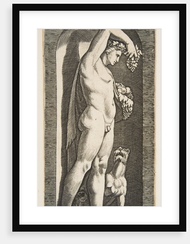 Bacchus standing in a niche holding grapes in his raised right hand, fruit in his l…, ca. 1515-27 by Marco Dente