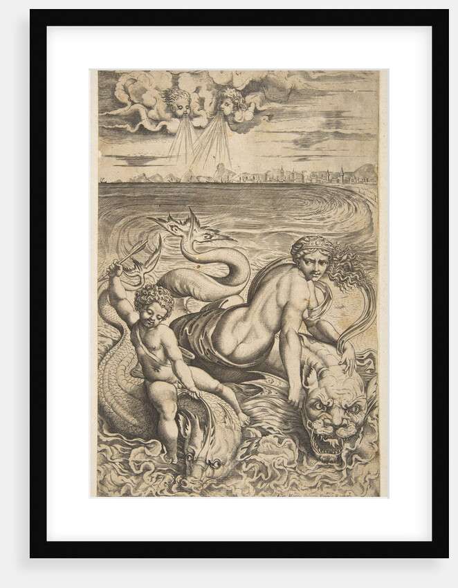 Venus and Cupid riding two sea monsters, Cupid raises an arrow in his right hand, t…, ca. 1515-27 by Marco Dente