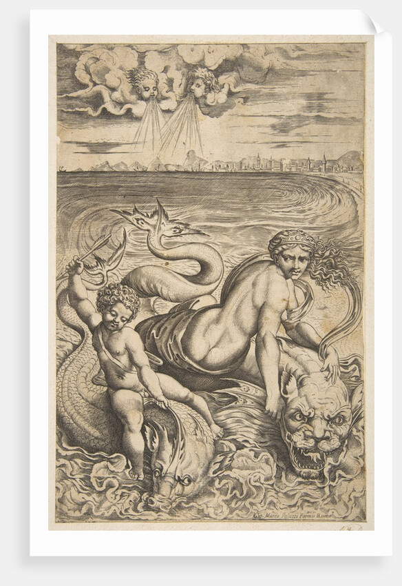 Venus and Cupid riding two sea monsters, Cupid raises an arrow in his right hand, t…, ca. 1515-27 by Marco Dente