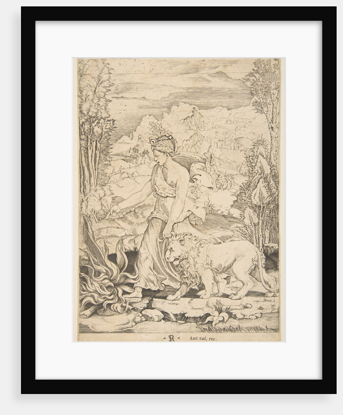 Fortitude in profile view walking toward a fire at left and leading a harnessed lio…, ca. 1515-27 by Marco Dente
