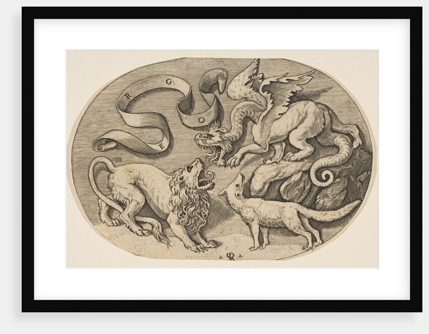 A lion, dragon and fox fighting each other, an inscribed banderole above, an oval c…, ca. 1515-27 by Marco Dente