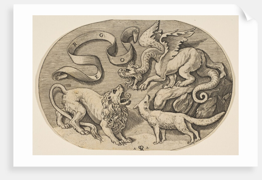 A lion, dragon and fox fighting each other, an inscribed banderole above, an oval c…, ca. 1515-27 by Marco Dente