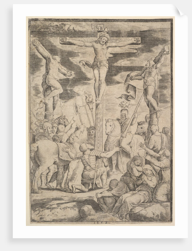 The conversion of the Centurion who flings his arms open before Christ on the cross, 1532 by Master of the Die