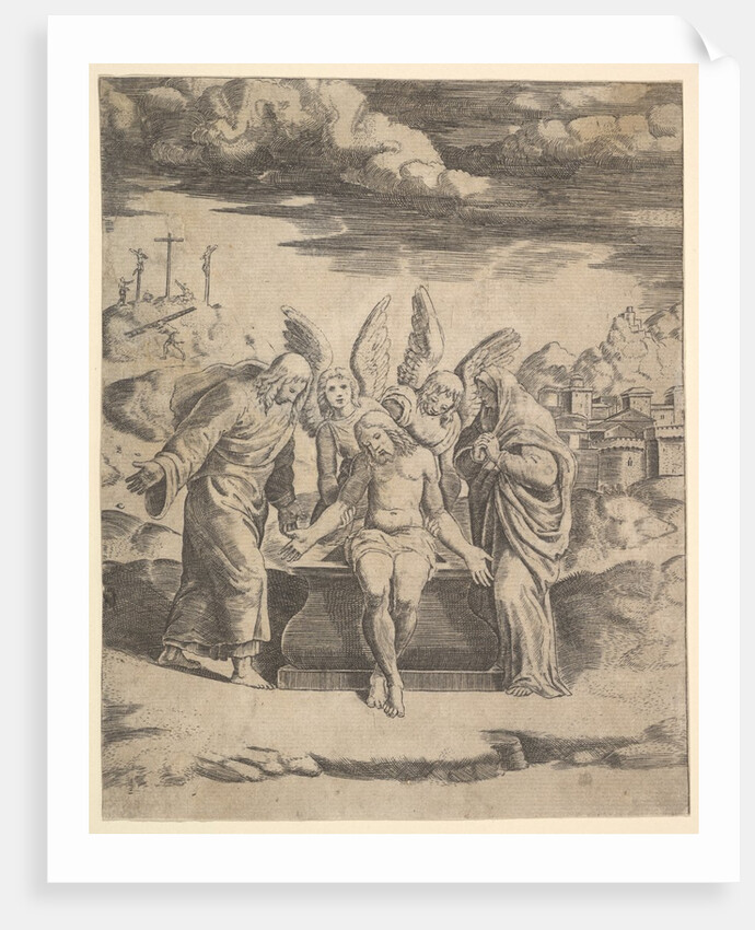 Christ seated on the tomb supported by angels, 1530-60 by Master of the Die